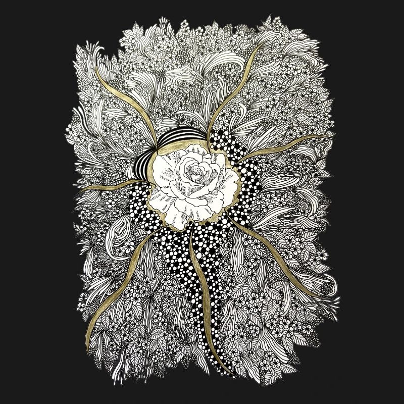 Mandala de fleurs dorées avec accent de rose