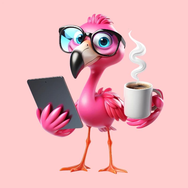 Flamant rose au bureau avec tablette et café