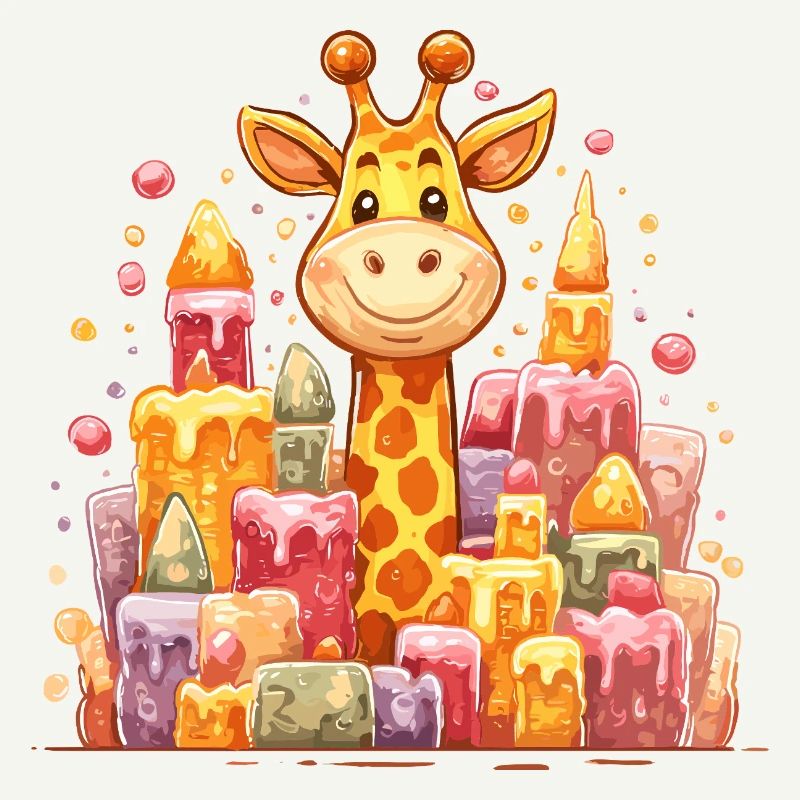Girafe colorée devant des châteaux de bougies