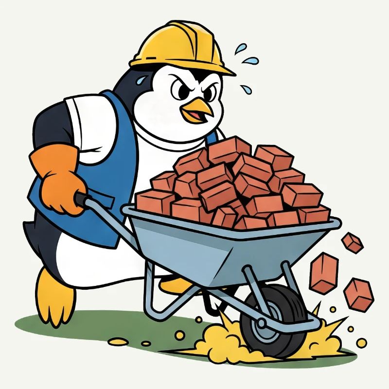Cute penguin craftsman construction worker construction site