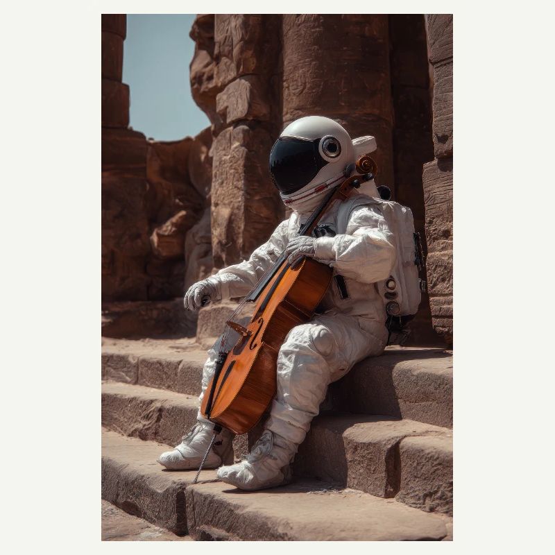 Astronaute avec violoncelle sur des marches antiques