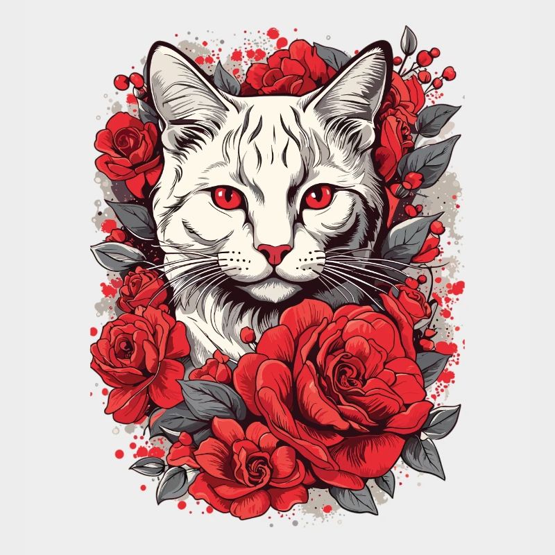 Look chat rose rouge, chat avec des roses