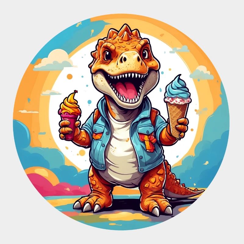 Petit dinosaure mignon avec un gros cornet de crème glacée coloré