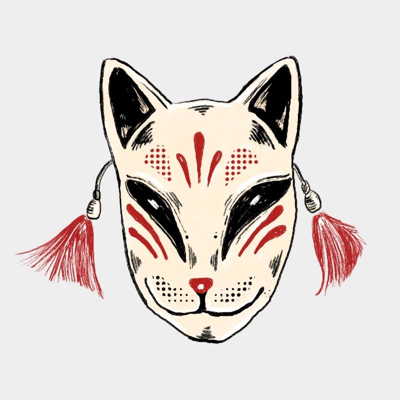 Masque de kitsune avec des pompons rouges