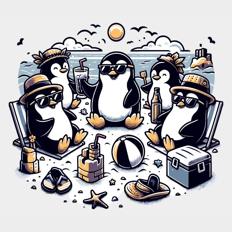 Beach penguins celebration in the sunshine