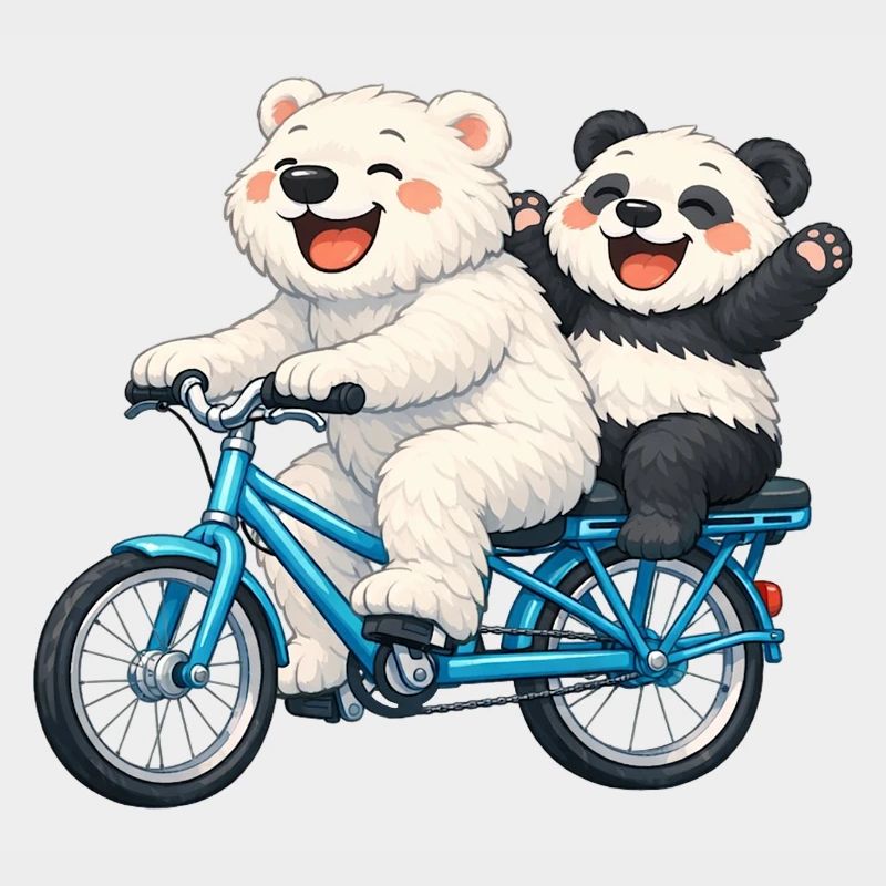Two teddy bears on a bicycle