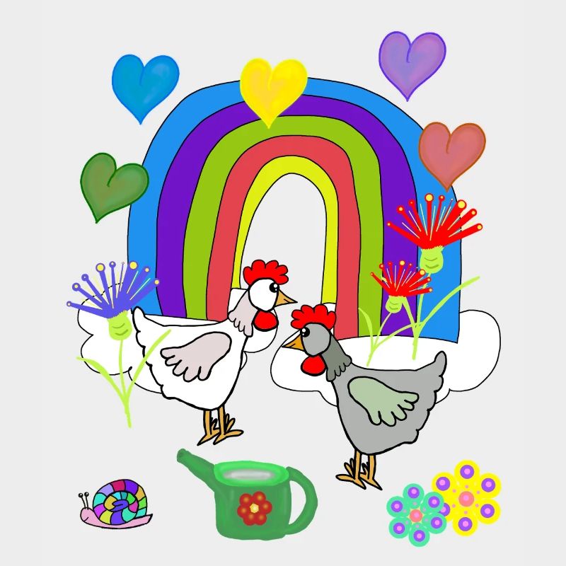 Kinder Fantasy Regenbogen Blumen Hühner 