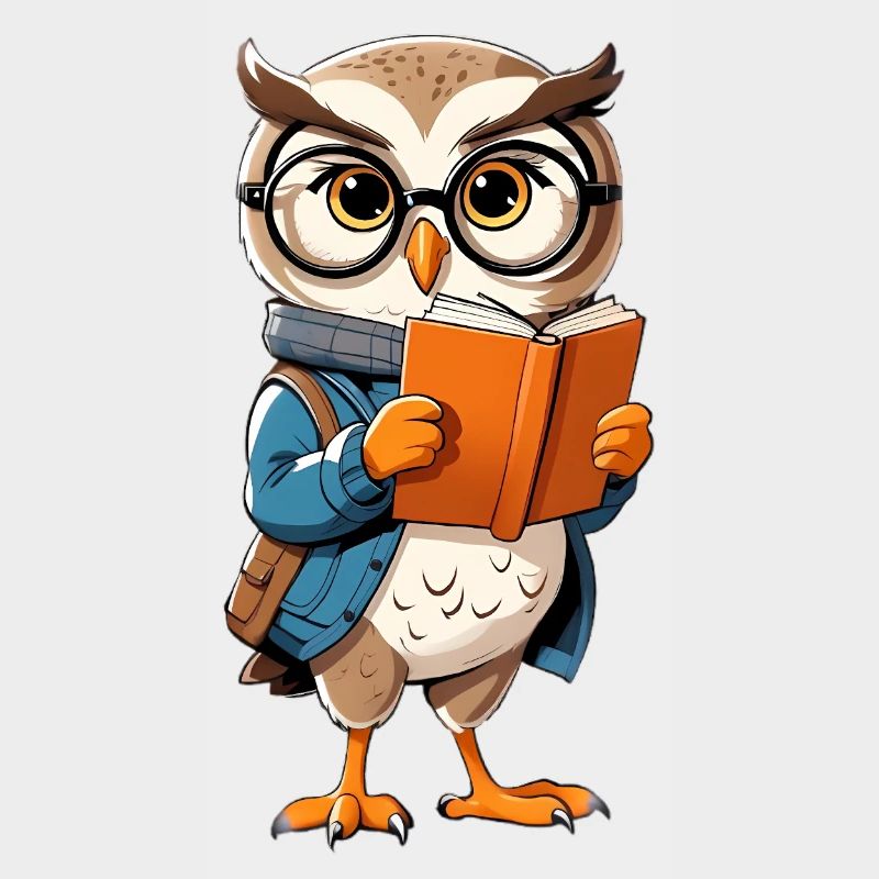 Lernende Eule mit Brille liest Buch