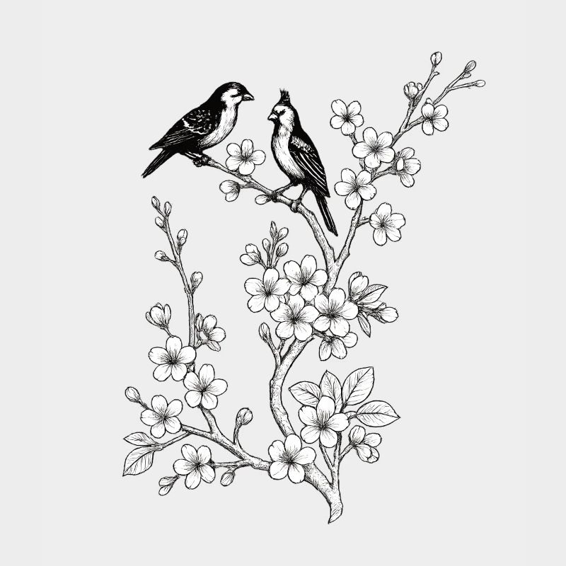 Birds on cherry branch