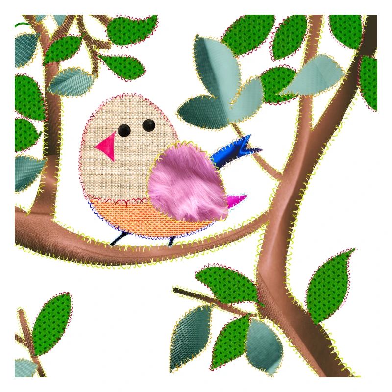 oiseau sur une branche imitation tissu cousu