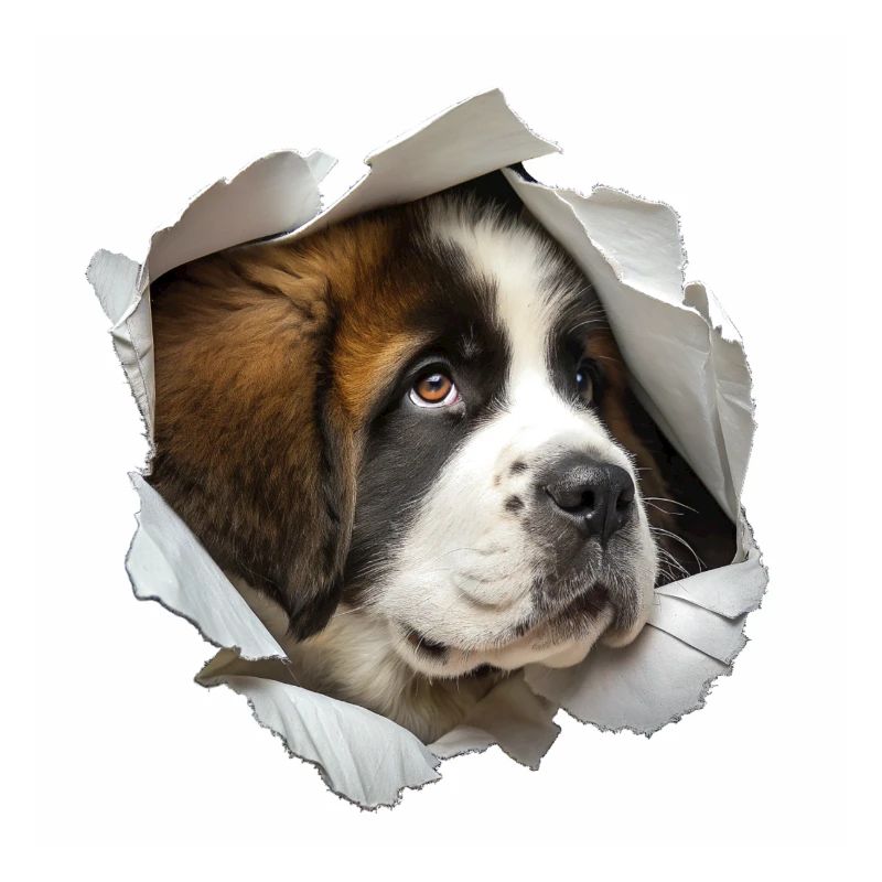 Funny Saint Bernard Dog Peeking Torn Paper Hole