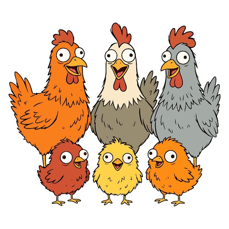 Funny chickens, roosters and chicks