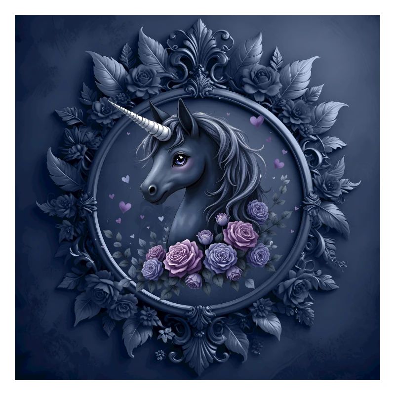 Licorne avec des fleurs dans les tons bleus