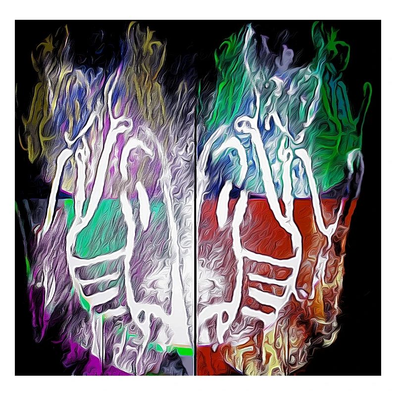 Neon Skeletal Hands Split Art