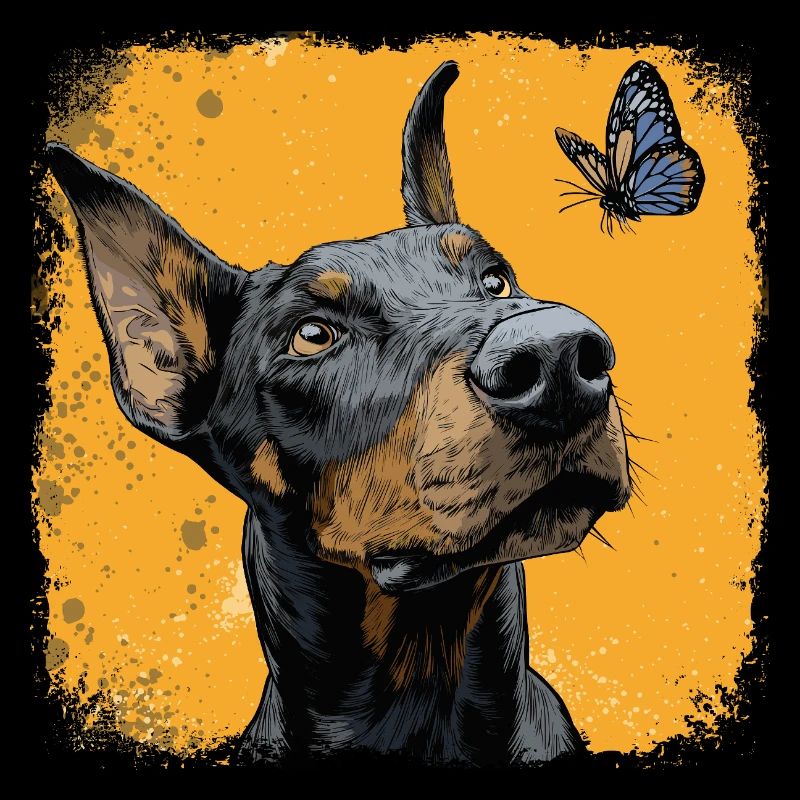 Drôle de doberman et de papillon sur orange