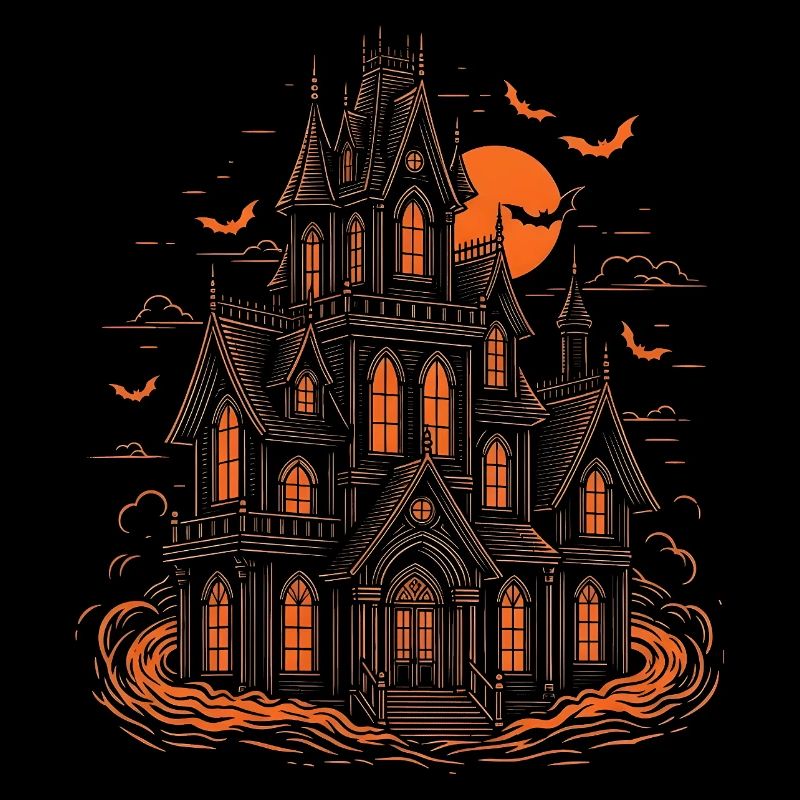 Haunted House Bats Halloween Full Moon