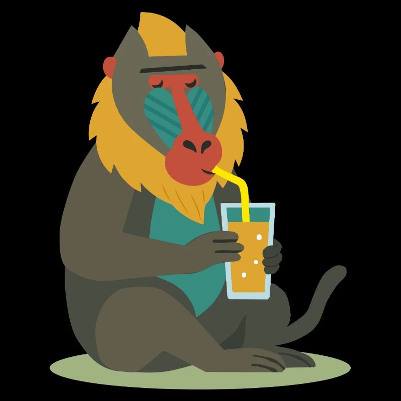 mandrill coloré dégustant un verre de jus de manière détendue