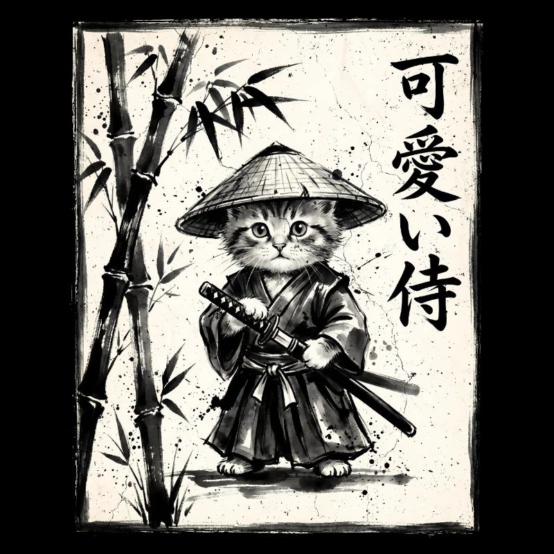 Samurai Katze Sumi-e Tuschezeichnung