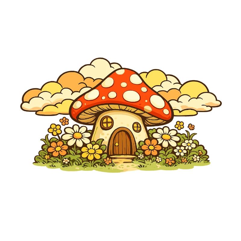 Maison de champignons dans le pays des prairies fleuries