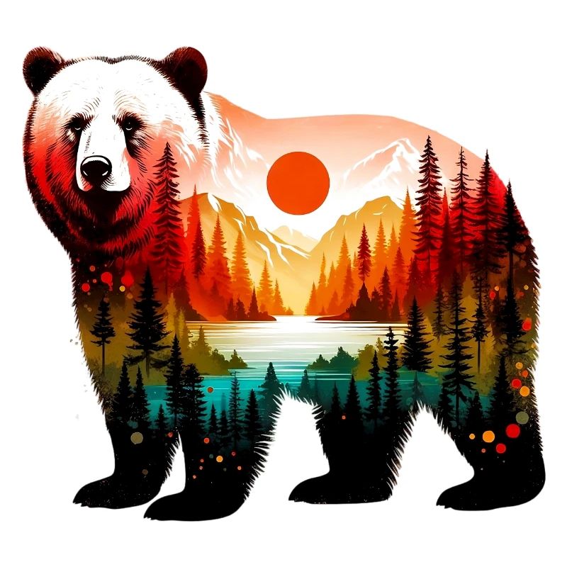 Decorated bear painted with forest landscape