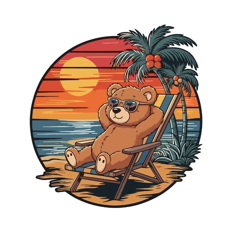 Funny Teddy Bear on Beach Summer Vacation Sunset