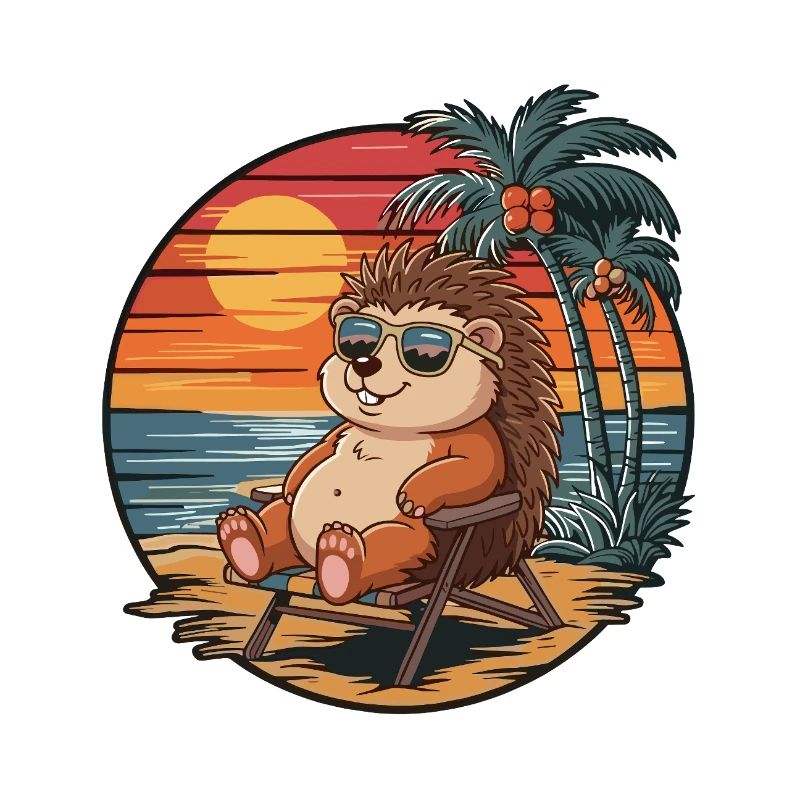Funny Hedgehog on Beach Summer Vacation Sunset