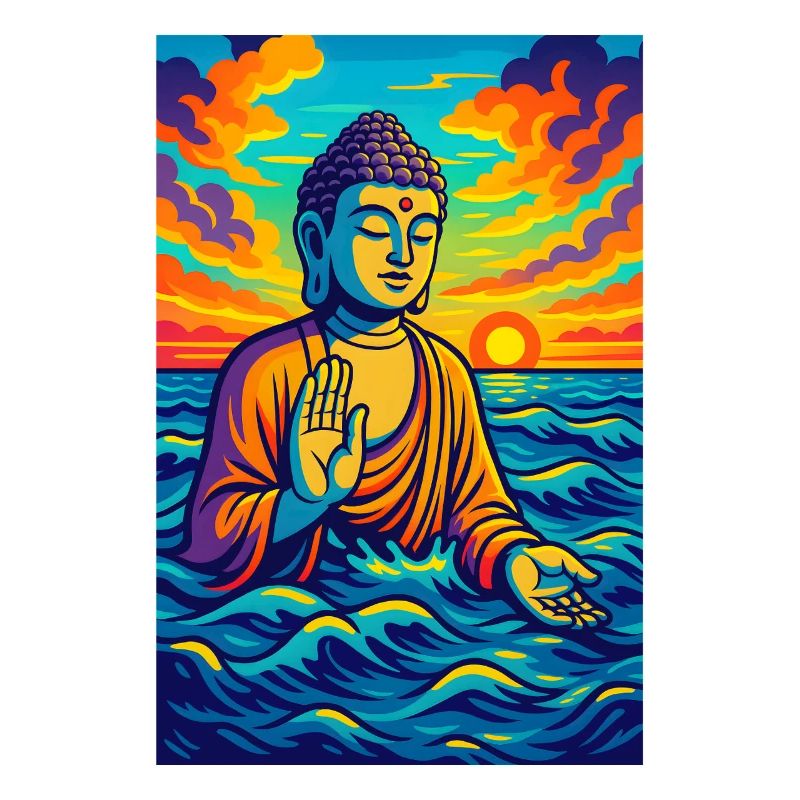 Vibrant Buddha in Ocean Sunset