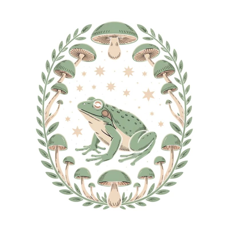 Frog and mushrooms with starry sky design