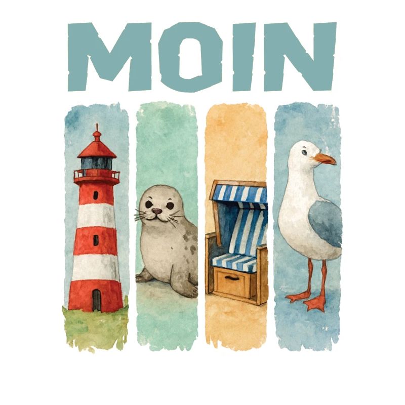 Moin Leuchtturm Robbe Strandkorb Möwe Küste
