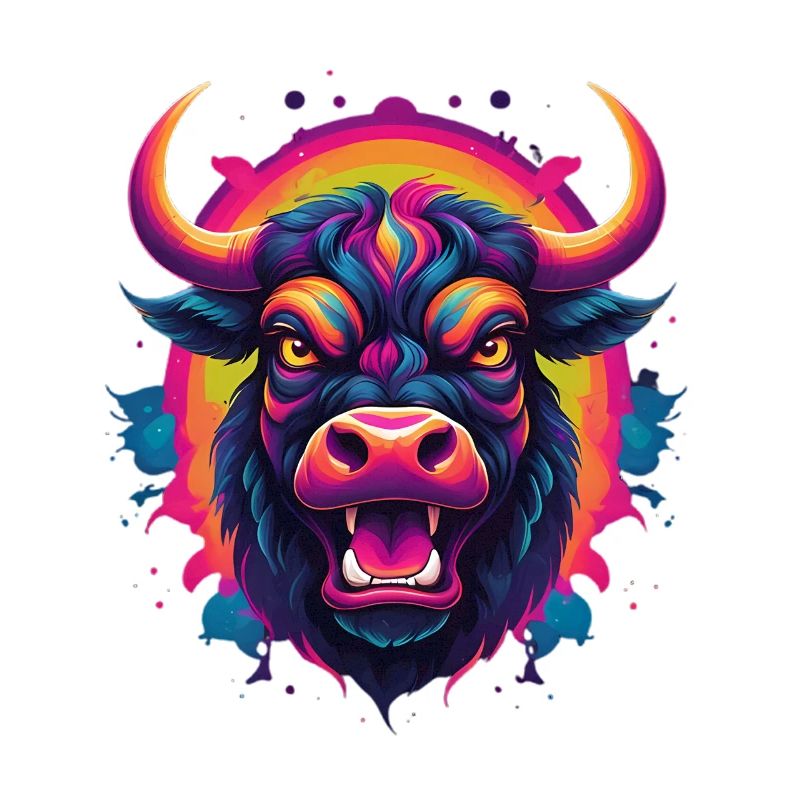 Tête de taureau néon – explosion de couleurs