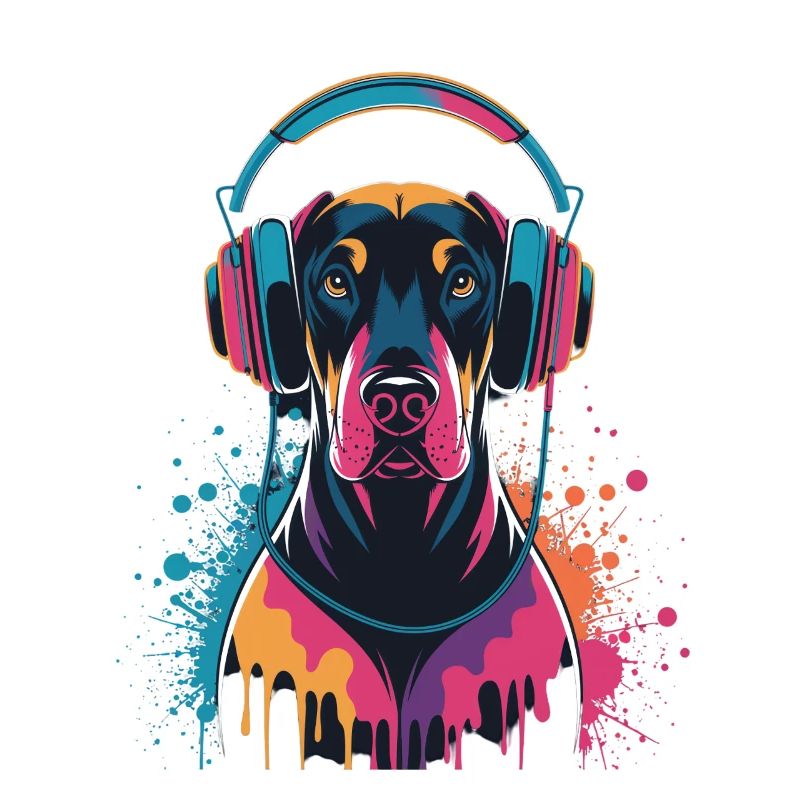 Dobermann mit Kopfhörern