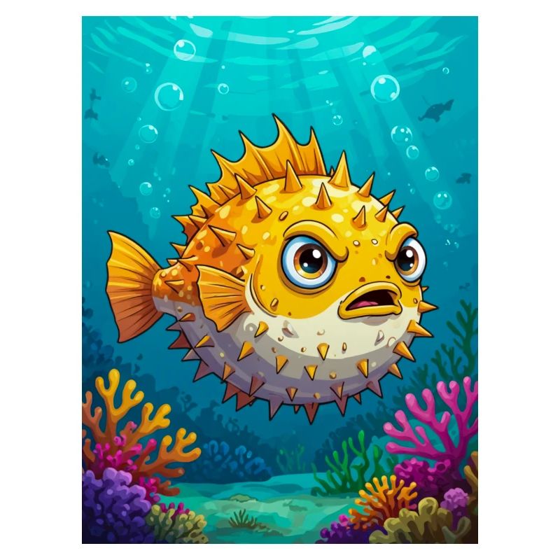 Comic style pufferfish, round spiky inflated body