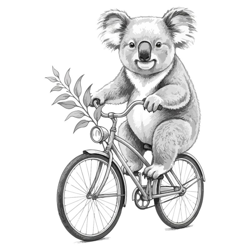 Koala à vélo avec des feuilles