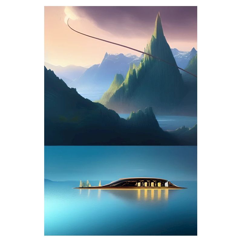 Landschaft mit See, Boot und Berge