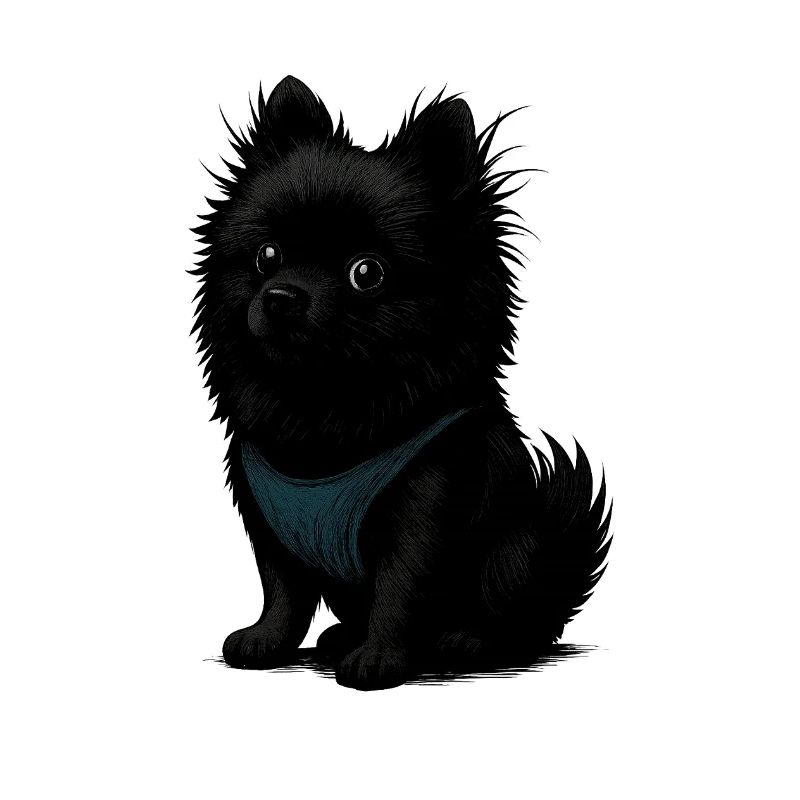 Schwarzer Spitz Hund mit blauer Weste