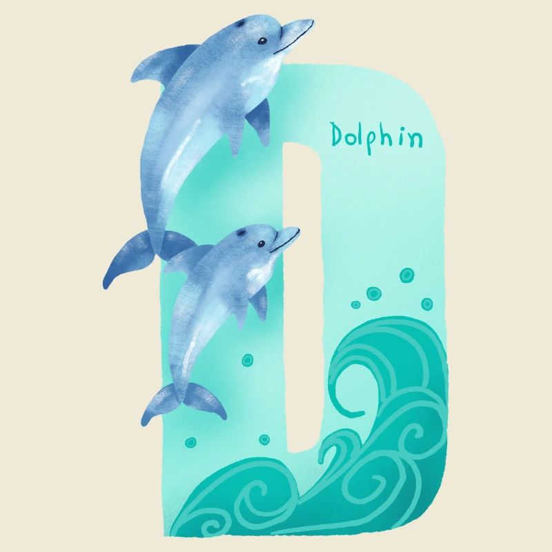 Whimsical Alphabet. Letter D. Blue Dolphin design.