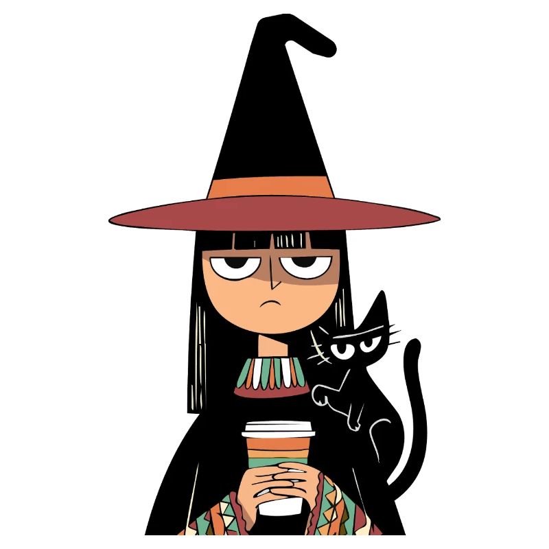 Grumpy Witch with Coffee and Black Cat – Halloween