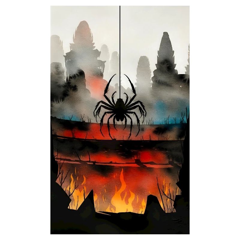 Dark city with tentacle spider in fire
