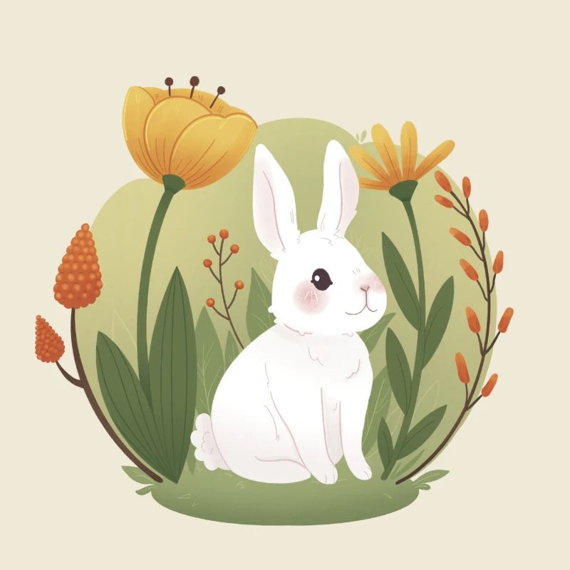 Lapin de jardin avec tulipe et autres fleurs