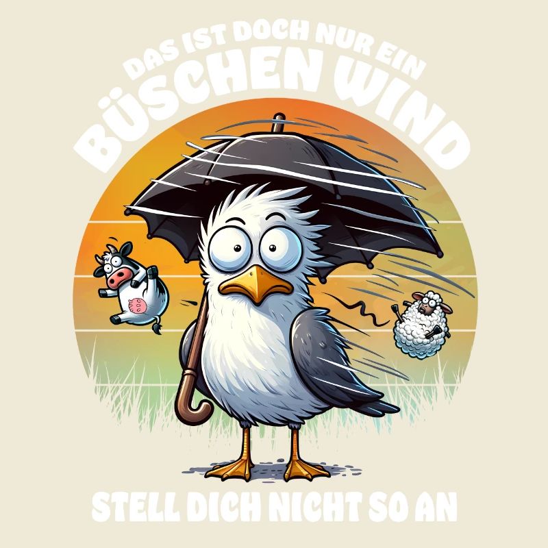 Lustige Möwe im Sturm Lustiger Spruch Büschen Wind