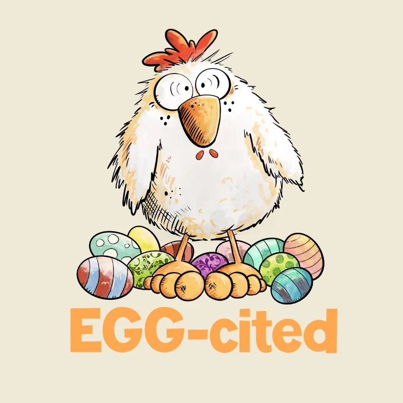 Excited Chicken with Easter Eggs Saying Eggcited