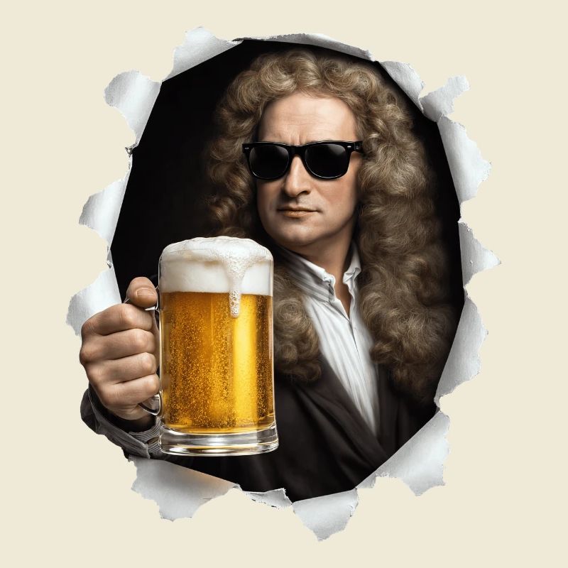 Isaac Newton hält ein Bier