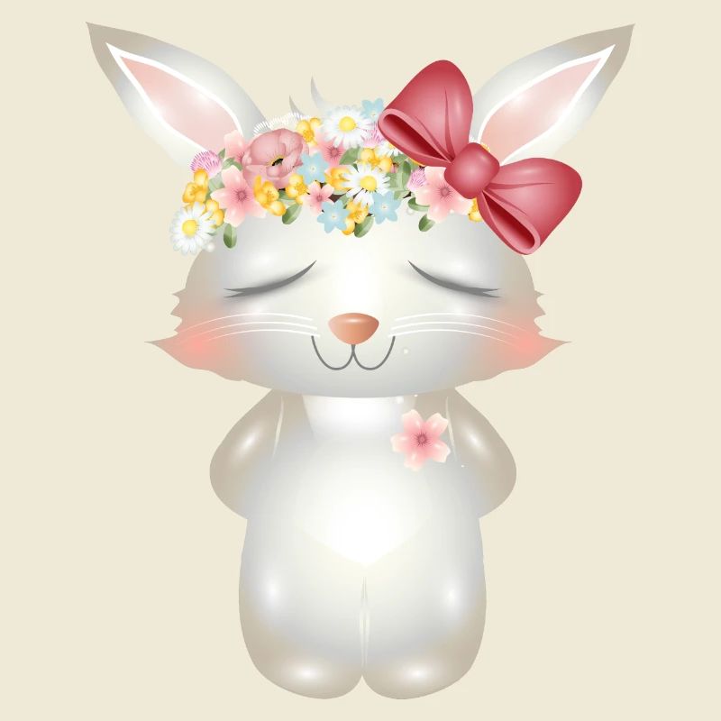 Lapin blanc mignon avec des fleurs et un arc