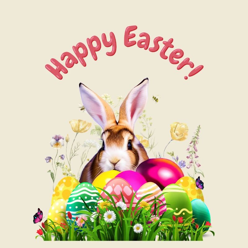 Cute Easter bunny with colorful eggs