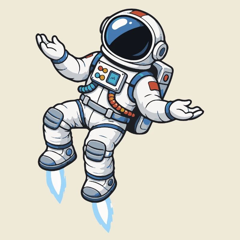Schwebender Comic Astronaut mit Raketenantrieb