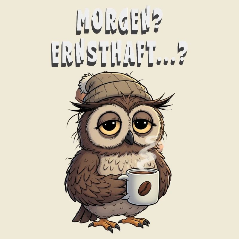 Morgen? Ernsthaft? Müde Eule mit Kaffee