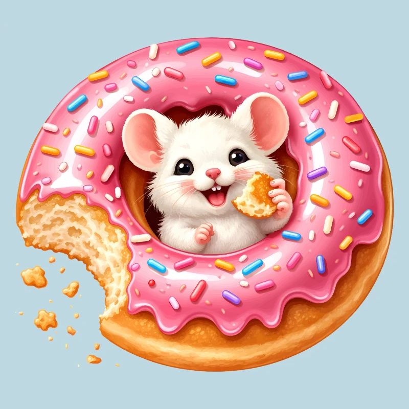 Cute mouse in donut illustration with bite