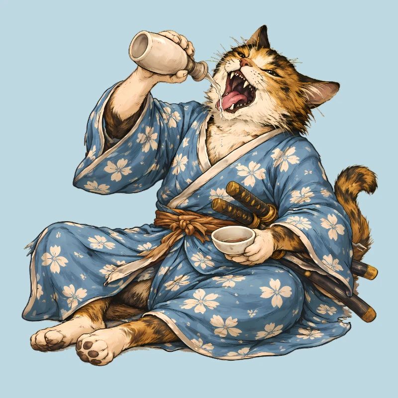 Saké de chat samouraï style ukiyo-e japonais