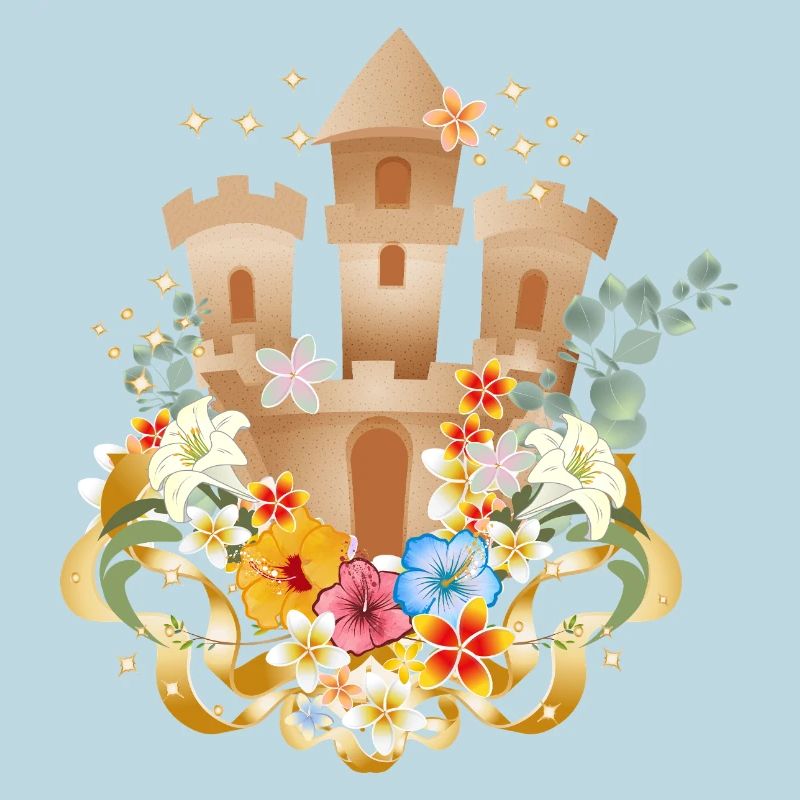 Château de sable avec des fleurs exotiques sur la plage