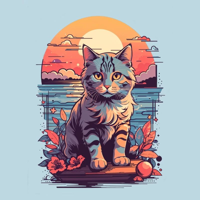 Chat motif mignon, Coucher de soleil chat au bord de la mer